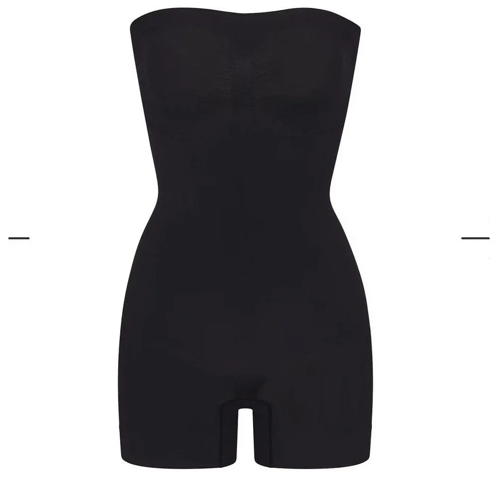 Skims Seamless Sculpt Strapless Shortie Bodysuit In Black (w/brown straps) Sz M